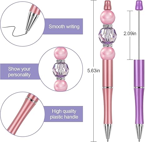 15 Pieces Beadable Pens - Beaded Pens Colourful Plastic Diy Black Ink Ballpoint Pens Bulk - Bead Pens Suitable For Teacher, Students, Office, School, Graduation Gift Supplies