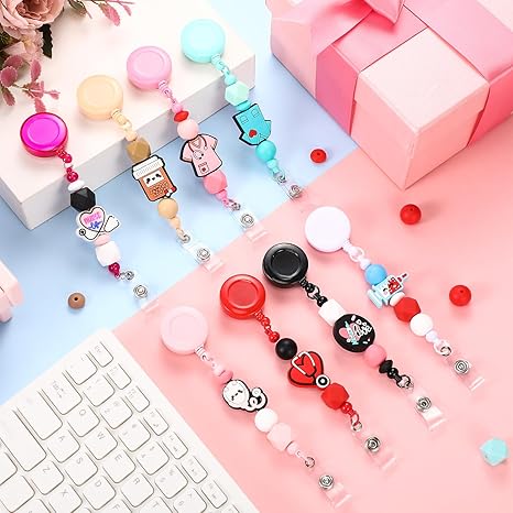 10PCSBeadable Badge Reels Making Kits - Beaded Blank Bars Bulk - Retractable Badge Reel with Belt Clip for ID Name DIY Gift Beadable Items for Nurses, Teachers, Students, Office, Workers (Colorful)