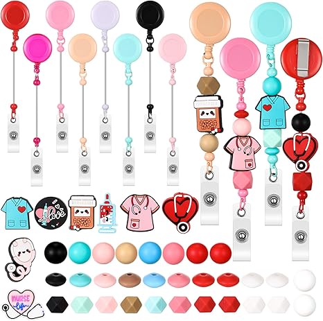 10PCSBeadable Badge Reels Making Kits - Beaded Blank Bars Bulk - Retractable Badge Reel with Belt Clip for ID Name DIY Gift Beadable Items for Nurses, Teachers, Students, Office, Workers (Colorful)